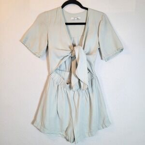 THAKOON COLLECTION Womens Linen Blend Tie Front Cutout Romper Size 2 Blue Hippie